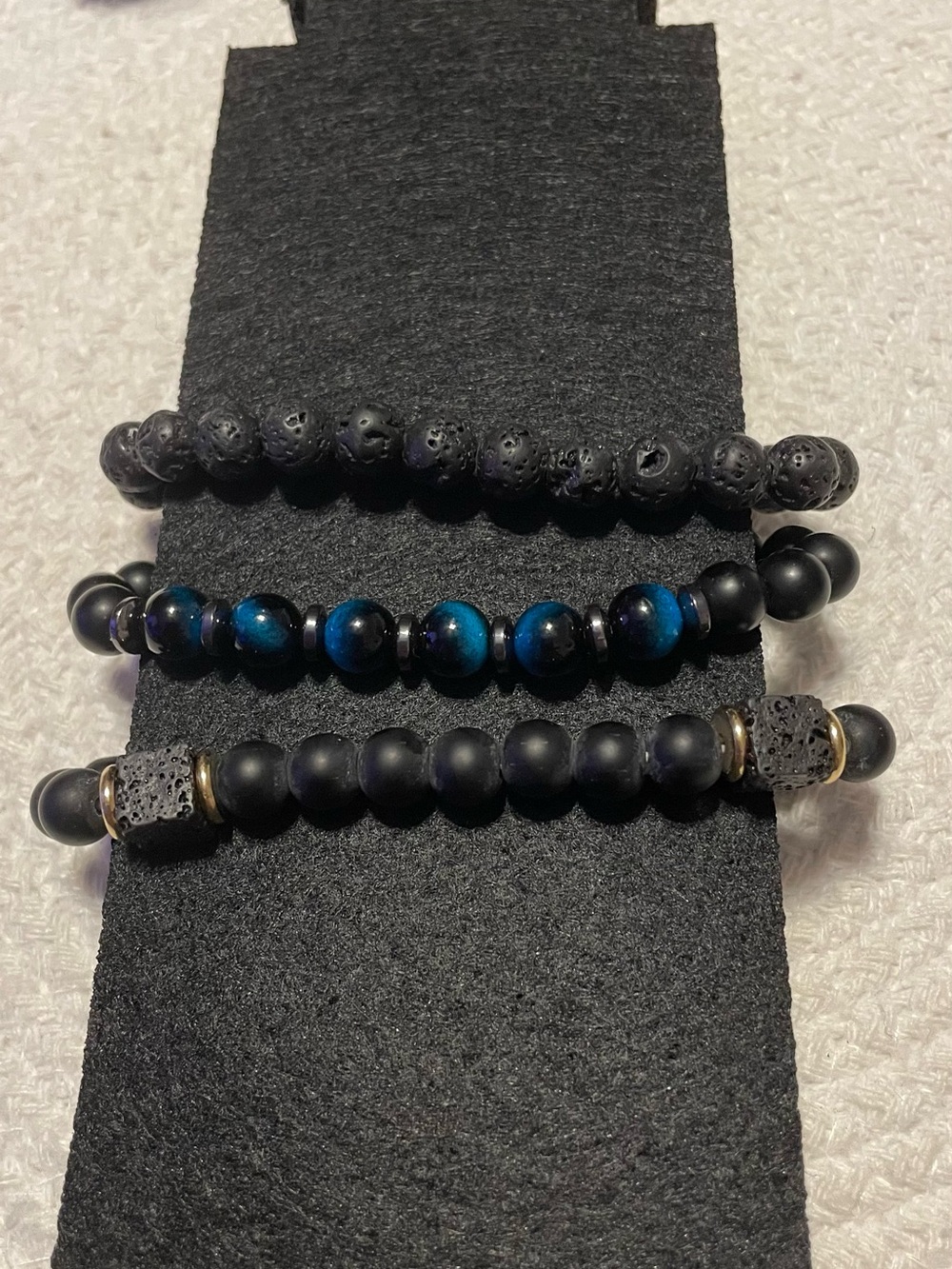Men's Black Beaded Bracelet Trio with Blue Bead & 3 square lava accents.